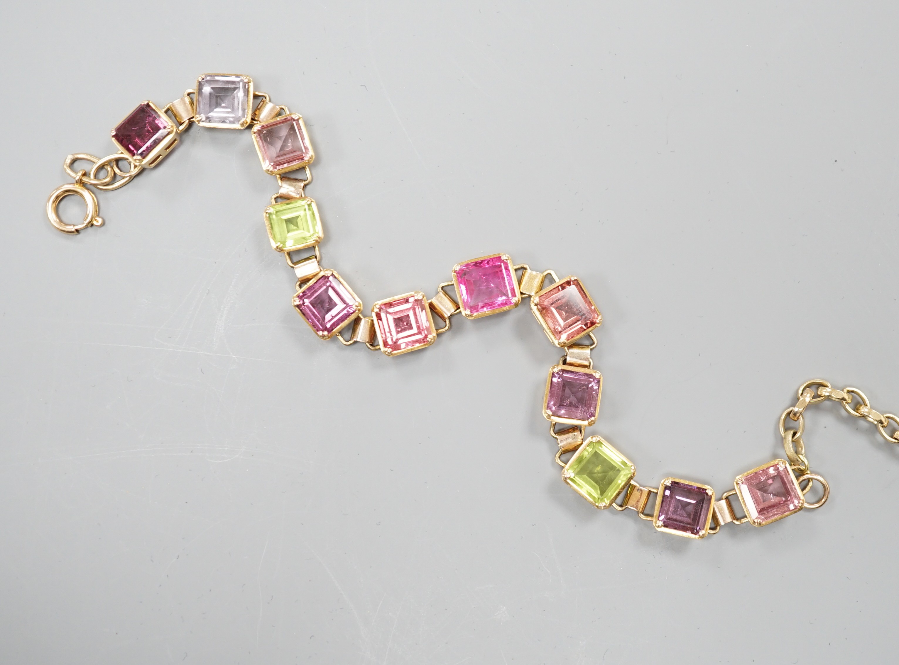 A modern 9k yellow metal and multi gem set bracelet, overall 24cm, gross weight 19.5 grams